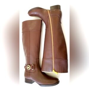 Used MICHAEL KORS Classy Gold Logo Leather Wide Calf Knee High Boots Brown US9